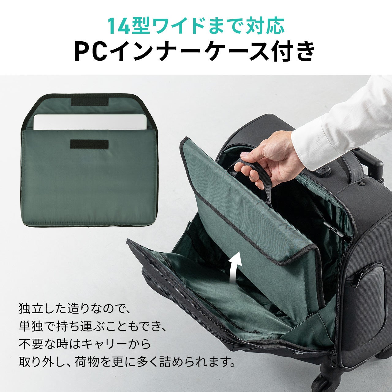 14型ワイドまでに対応する着脱式PCインナーケースとキャリーバッグ内側の公式説明写真